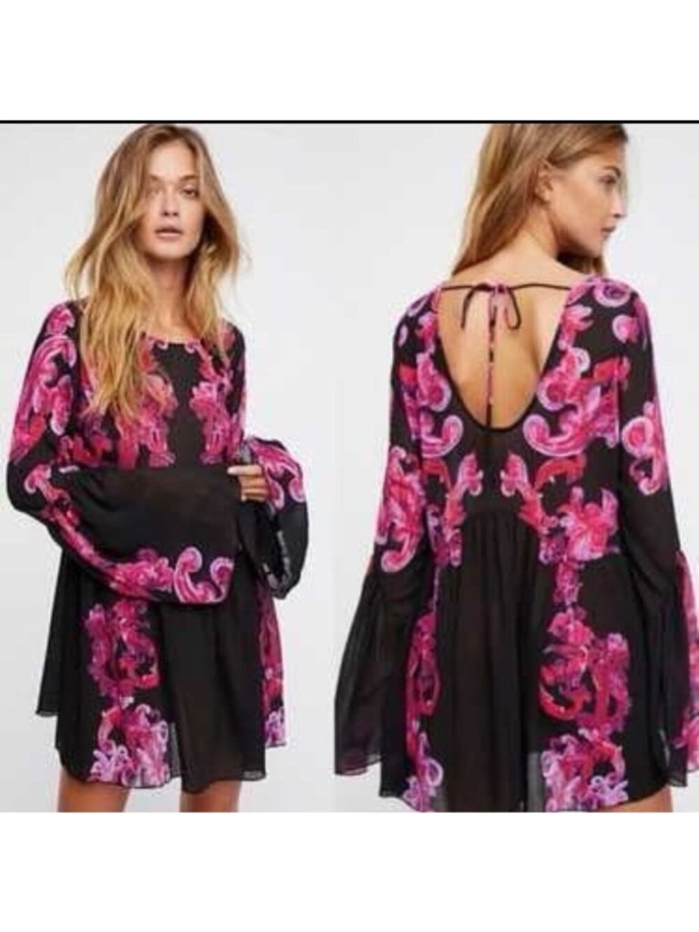 Free People S Black‎ Pink Symphony Mini Dress or Tunic Floral Bell Sleeve Fairy